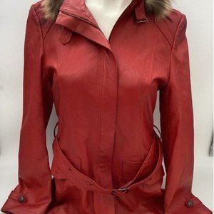 ENI  Red Leather Jacket with Fur Trimmed Hood   XL fits like Medium